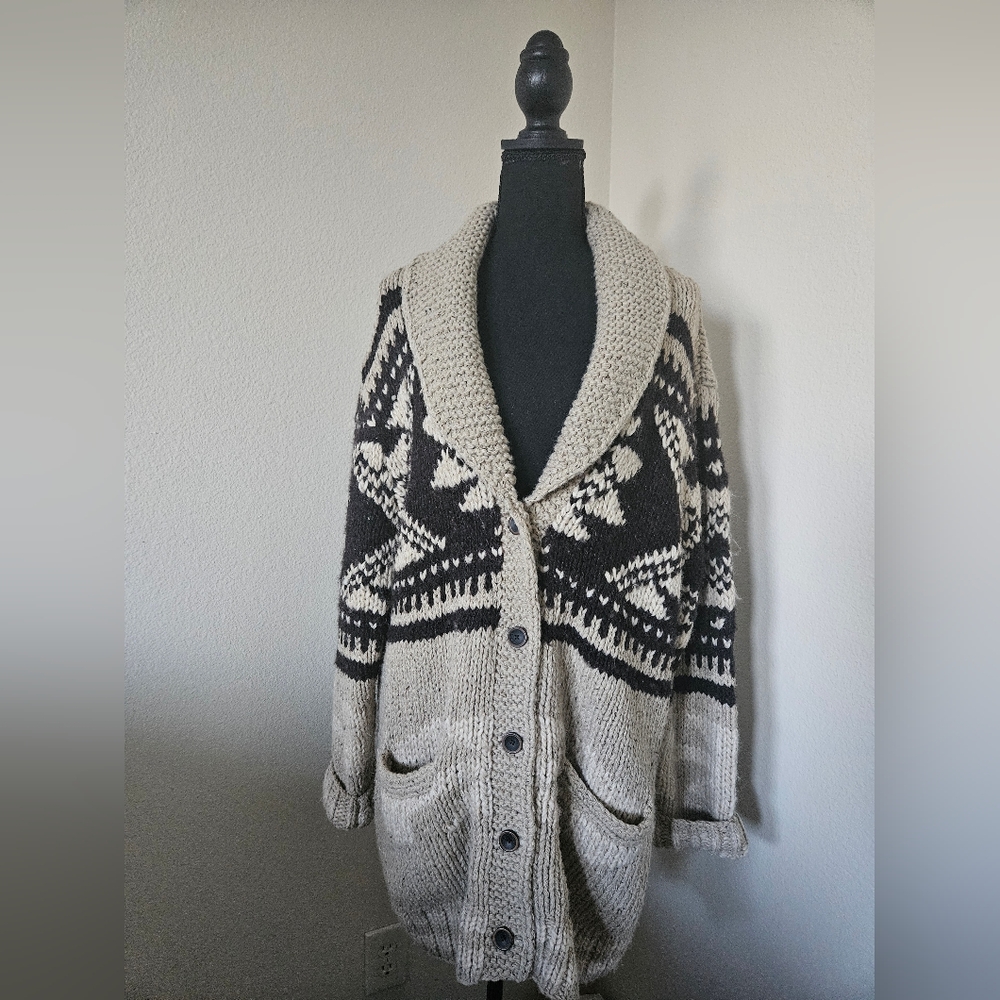 Unisex Black and Cream Patterned Hand Knit Cardigan Sweater
